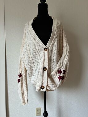 Taylor Swift Oversized Cream Cable Knit Cardigan with Maroon Star Accents